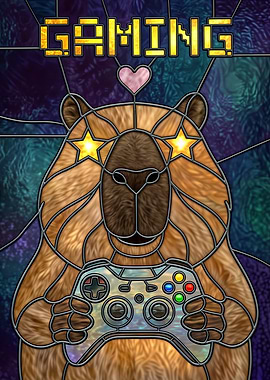Capybara Gamer Stained Glass Art