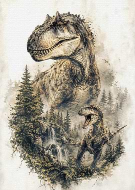 Dinosaurs in a Lush Forest