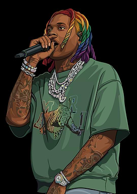 Lil Durk with Rainbow Dreadlocks and Tiger Shirt