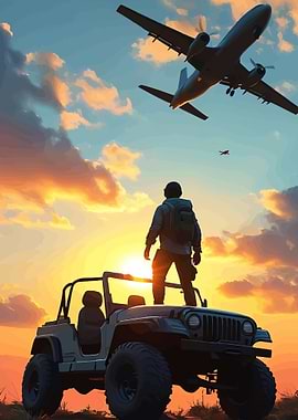 Man on Jeep watches plane at sunset