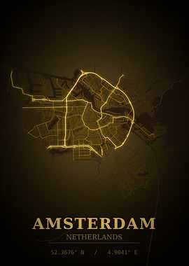 Amsterdam Gold City Map — Netherland Night Travel Poster