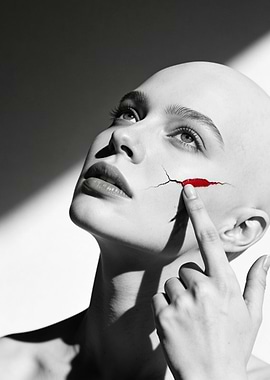 Bald Woman with Cracked Face and Red Paint
