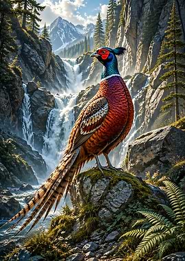 Pheasant by a Waterfall