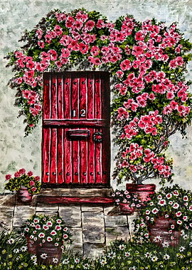 Red Door with Pink Flowers