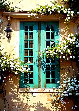 Turquoise Doorway with White Flowers