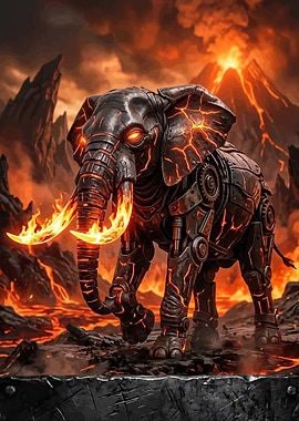 Mechanical Elephant in Volcanic Landscape