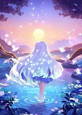 Girl in Water with Butterflies