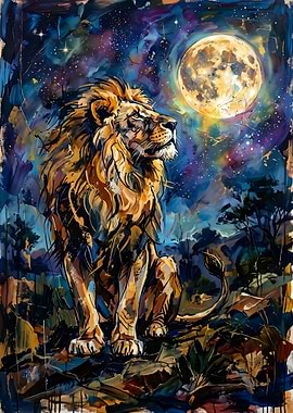 Majestic Lion Under the Moon