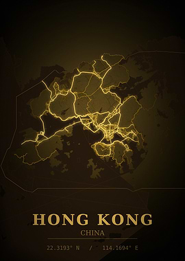 Hong Kong Gold City Map — China Night Travel Poster