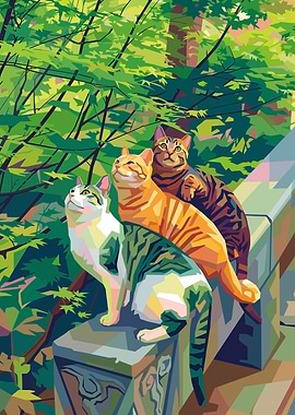Three Cats on a Stone Ledge