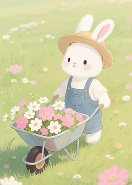 Cute Bunny Gardener with Flowers