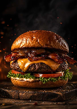 Gourmet Bacon Cheeseburger with Smoke and Sparks