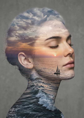 Double Exposure Portrait of Woman and Ocean Sunset