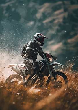 Dirt Biker Riding Through Dry Grass