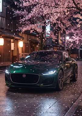 Green Jaguar F-Type in Cherry Blossoms