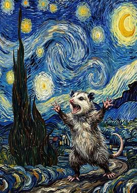 Opossum in Starry Night, possum panic attack