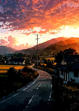 Anime Sunset Over Rural Village