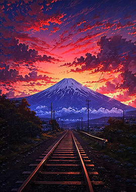 Mount Fuji Sunset Train Tracks