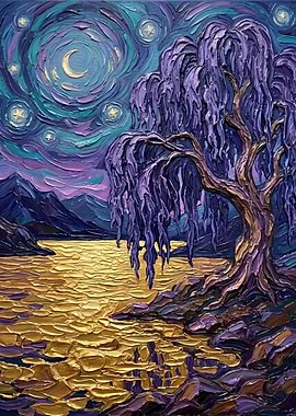 Purple Willow Tree Under Starry Night Sky