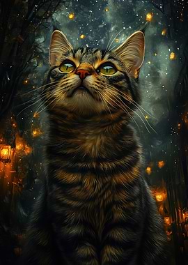 Mystical Cat in a Lantern-Lit Forest