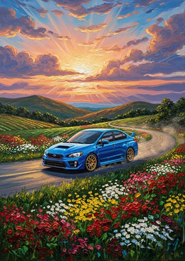 Blue Subaru WRX Driving Through Flower Fields at Sunset