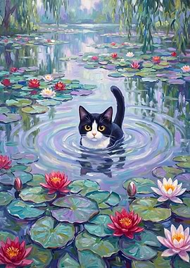 Tuxedo Cat in a pond