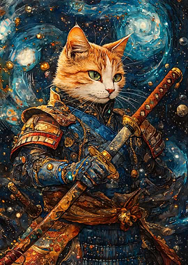 Aniimal Samurai Cat in Starry Night Space
