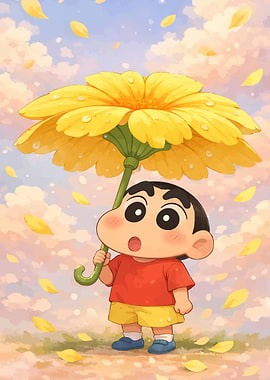 Shin-chan with a flower umbrella