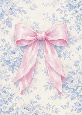 Watercolor Pink Bow on French Blue Toile
