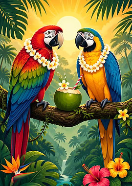 Tropical Parrots with Coconut Drink