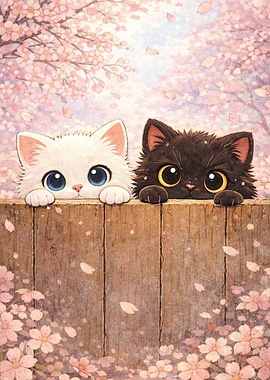 Two cute kittens behind a wooden fence