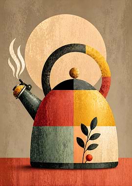 Scandinavian Whistling Tea Kettle Poster — Nordic Mid-Century Modern Kitchen Wall Art Geometric Retro Decor