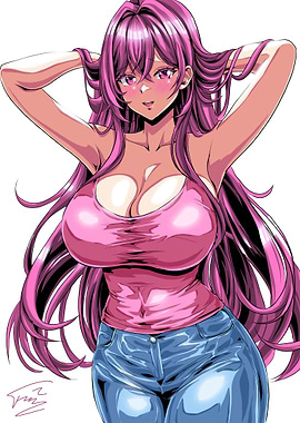 Anime Girl in Pink Tank Top and Jeans