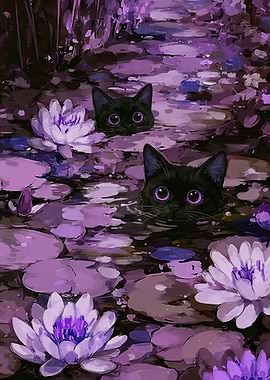 Two Black Cats in a Lily Pond