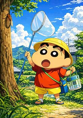 Shinchan Catching Cicadas with a Net
