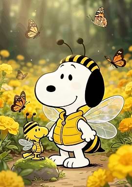 Snoopy and Woodstock as bees in a field