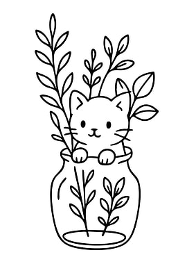 Cute Cat in a Jar with Plants