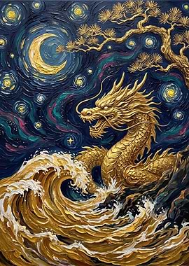 Golden Dragon in Starry Night Waves