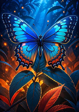 Vibrant Blue Butterfly on Dark Leaves