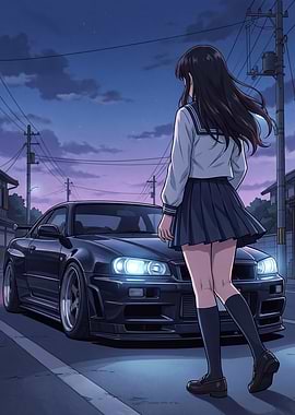 Anime School Girl and Sports Car at Dusk