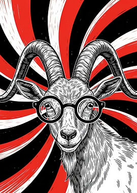 Goat Wearing Glasses with Red and Black Background