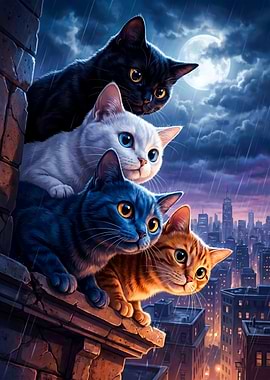 Four Cats on a Rooftop at Night