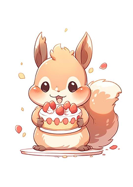 Cute Squirrel Holding a Strawberry Cake