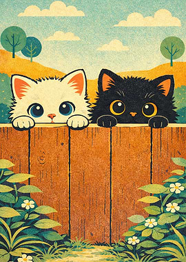 Two Kittens Peeking Over a Fence