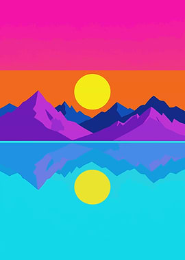 Retro Sunset Over Mountains and Lake