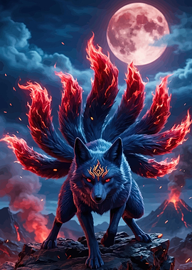 Nine-Tailed Fox with Fiery Tails