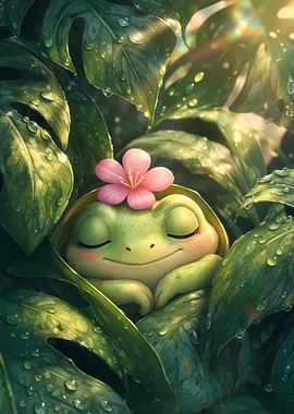 Cute Frog Sleeping with Flower