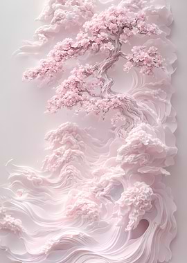 Pink Cherry Blossom Tree and Waves