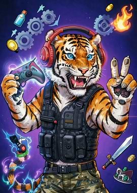 Gamer Tiger with Controller and Sword