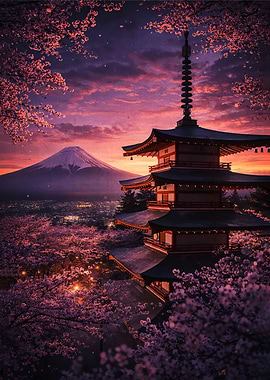 Pagoda and Mount Fuji at Sunset